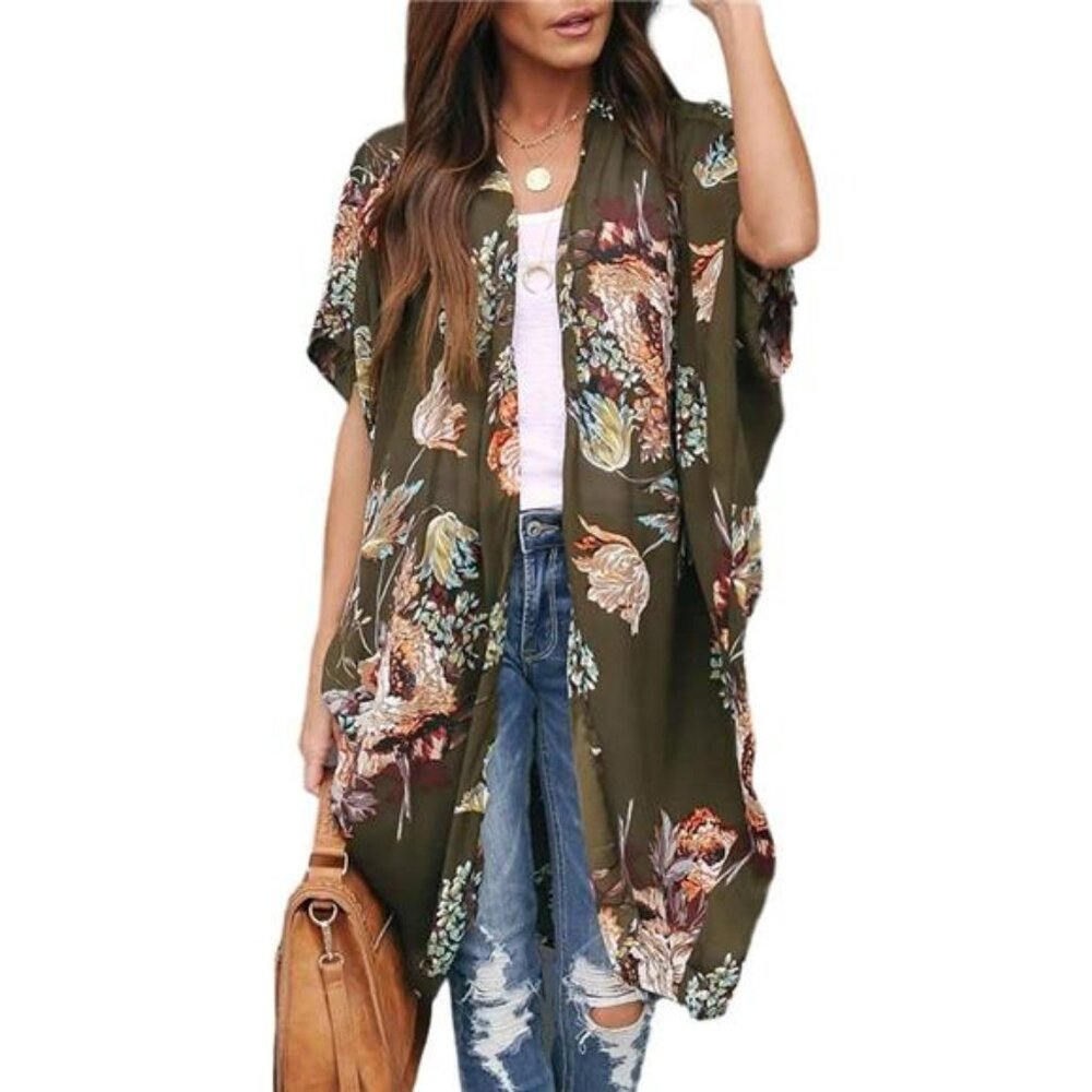 Womens Floral Kimono Duster Cardigans Short Sleeve Draped Oversized Beach